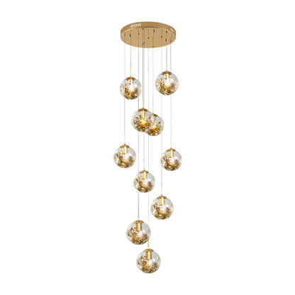 Staircase Chandelier Gold-Plated Iron Cognac Glass Globe E27 3000K 4 Configurations