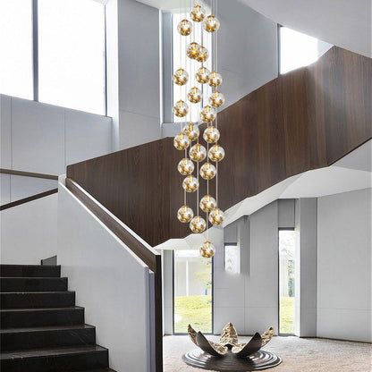 Staircase Chandelier Gold-Plated Iron Cognac Glass Globe E27 3000K 4 Configurations
