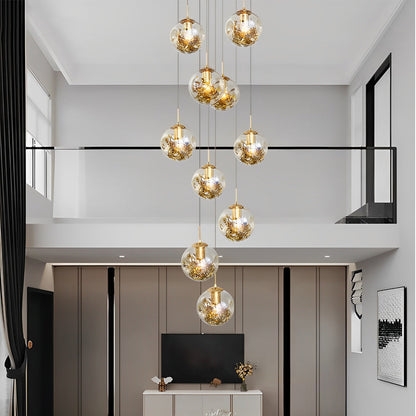 Staircase Chandelier Gold-Plated Iron Cognac Glass Globe E27 3000K 4 Configurations