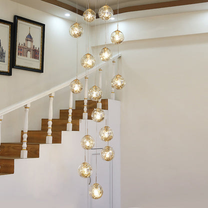 Staircase Chandelier Gold-Plated Iron Cognac Glass Globe E27 3000K 4 Configurations