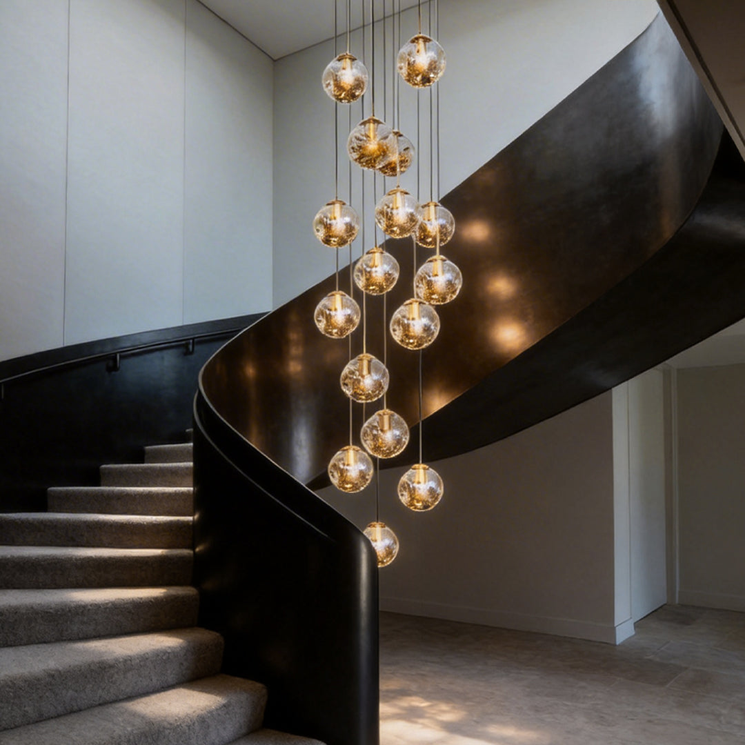 Staircase Chandelier Gold-Plated Iron Cognac Glass Globe E27 3000K 4 Configurations