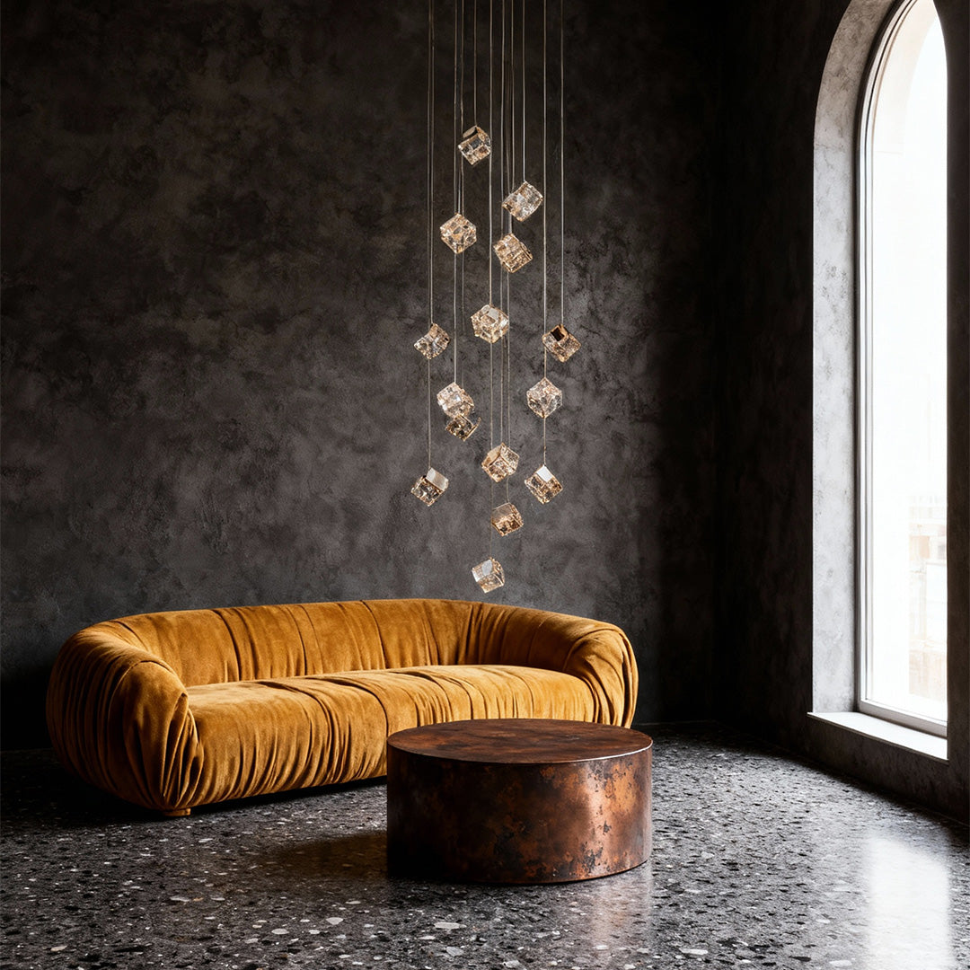 Staircase Chandelier Carbon Steel Crystal Magic Cube Champagne Gold Electroplated Integrated LED Nordic 3-Step Colour Temperature Two Configurations 15-Head to 27-Head