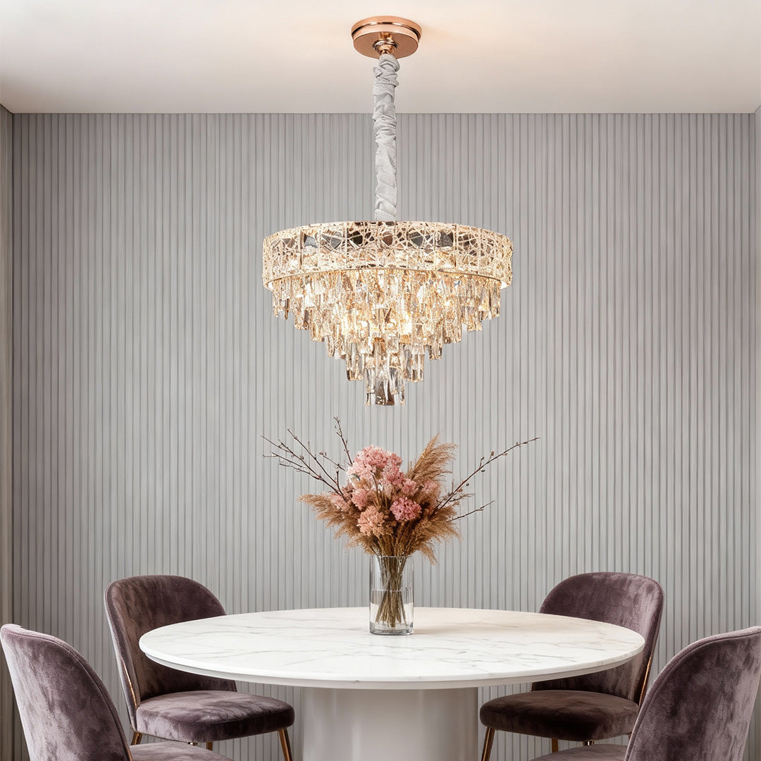 Crystal Chandelier Carbon Steel Champagne Gold European Tiered Hybrid LED E14 Multi-Layer Luxury