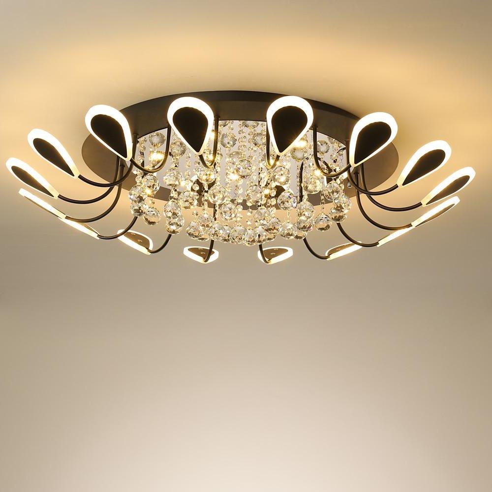 Flower-Shaped Crystal Semi-Flush Mount Ceiling Light — Modern Metal Acrylic Crystal LED White Black Dimmable 39 Inch