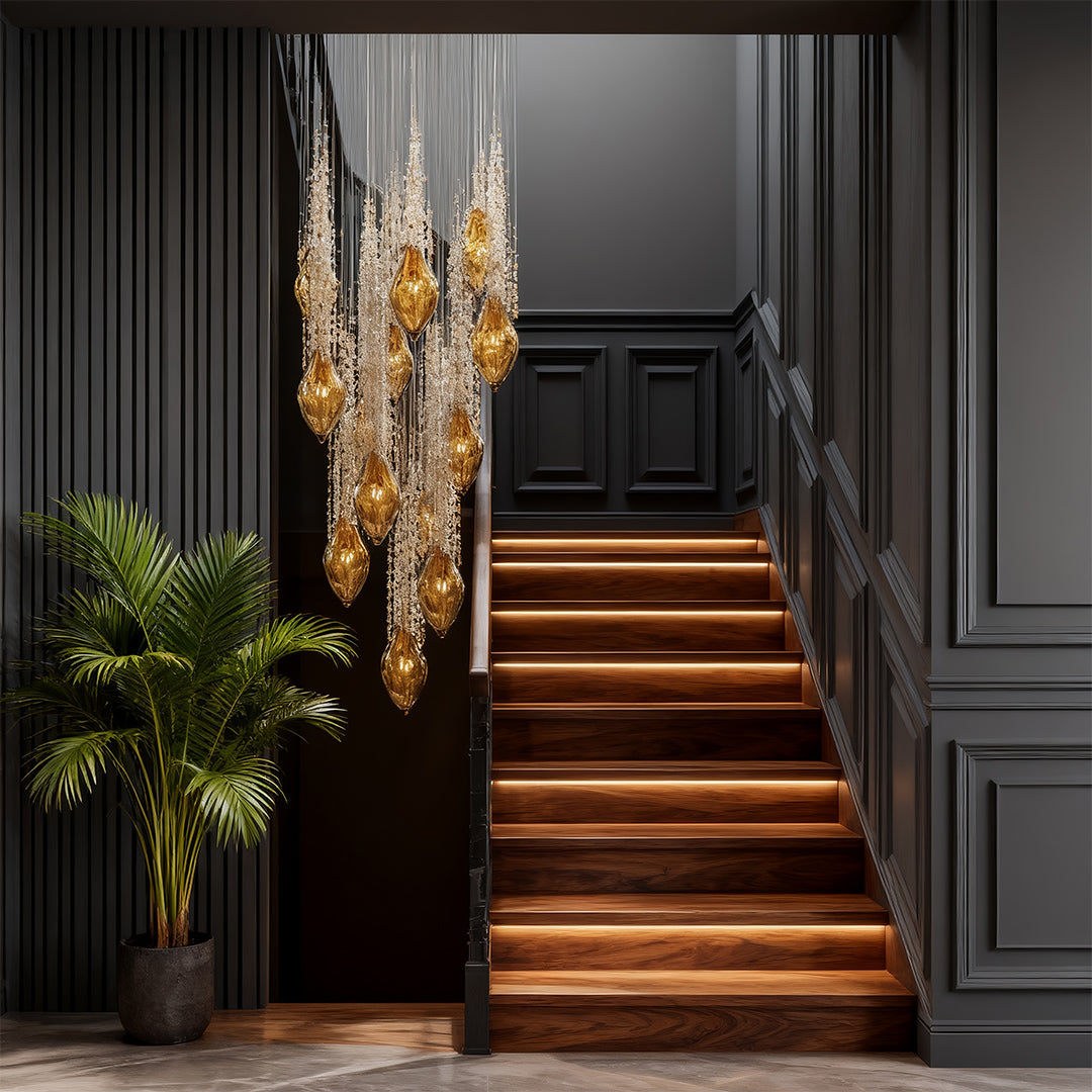 Staircase Chandelier Amber Glass Crystal 25-Head Cognac Warm White