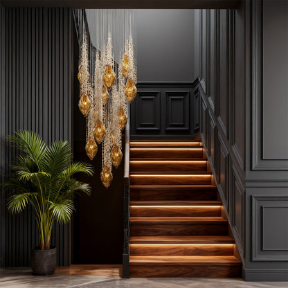 Staircase Chandelier Amber Glass Crystal 25-Head Cognac Warm White