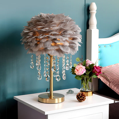 Feather Crystal Tassel Table Lamp Brushed Brass E27 White Pink Gray Two Sizes