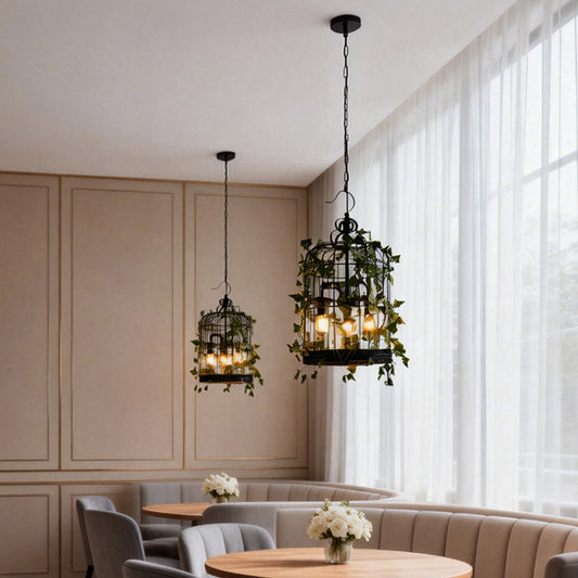 Vintage Iron Cage Pendant Light Artificial Vine Botanical 3-Light E27 3000K 4 Types Indoor