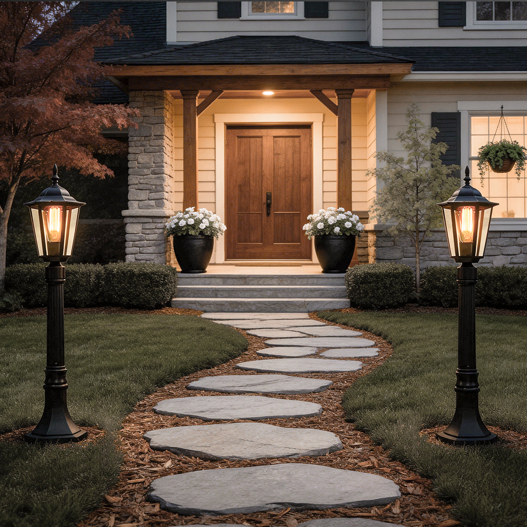 Hexagon Outdoor Path Light Black Die-Cast Aluminum High Transparency Glass E27 31 Inch Traditional
