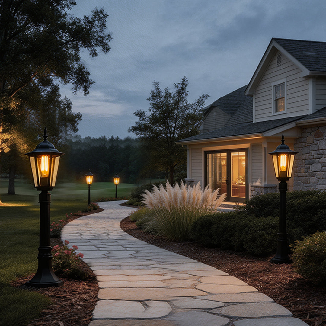 Hexagon Outdoor Path Light Black Die-Cast Aluminum High Transparency Glass E27 31 Inch Traditional
