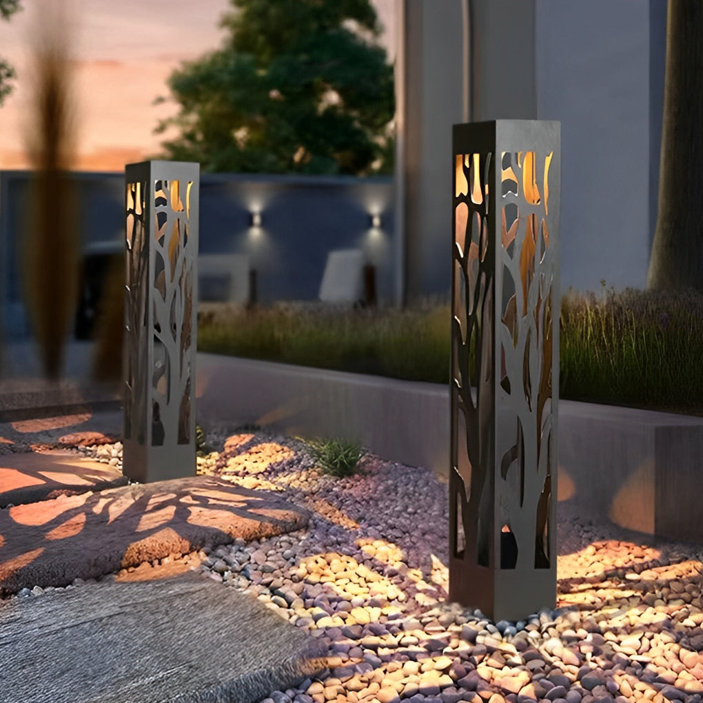 Hollow Branch Cut-Out Stainless Steel Landscape Bollard Solar Hardwired LED Outdoor IP54 2 Heights