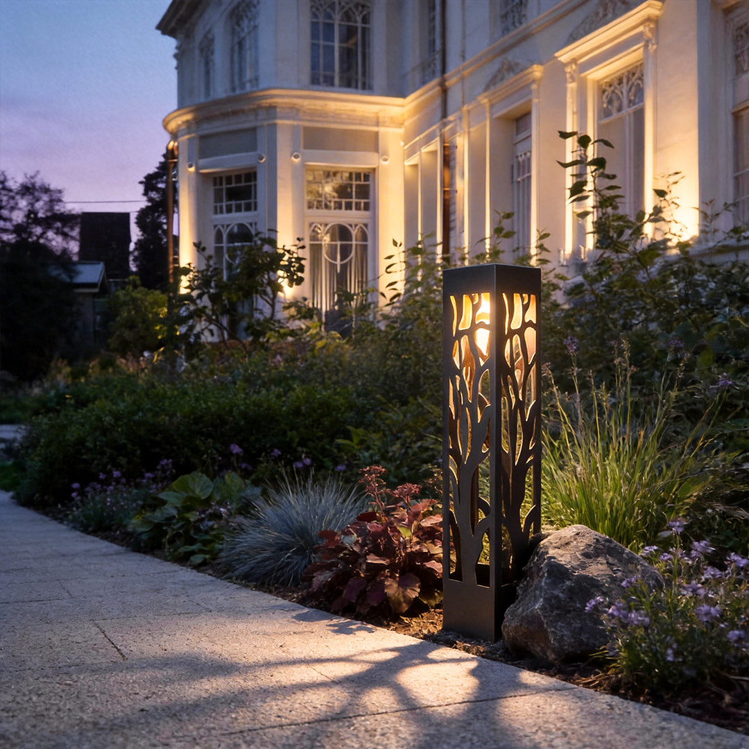 Hollow Branch Cut-Out Stainless Steel Landscape Bollard Solar Hardwired LED Outdoor IP54 2 Heights