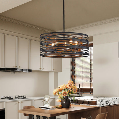 Black Drum Pendant Light Stacked Iron Rings Walnut Accent E12 American Retro 3 Sizes Dining Bar