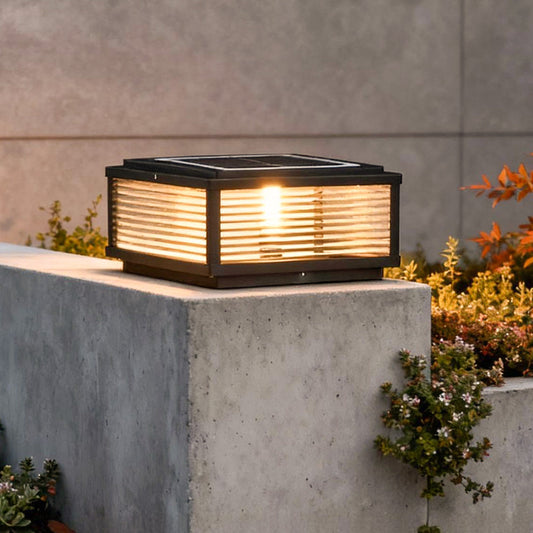 Square Ribbed Glass Outdoor Pillar Light Black Die-Cast Aluminum Solar or Hardwired 5 Widths Pier Mount