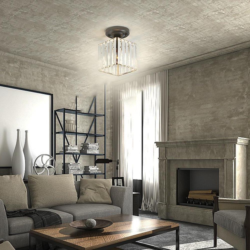Crystal Semi-Flush Mount Ceiling Light — Nordic Modern Industrial Gold Black Round Square E26 E27 5 Inch
