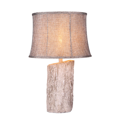 Rustic Table Lamp Bark Texture Resin Base Beige Fabric Shade E26 Bedside Living Room White 26.38 Inch