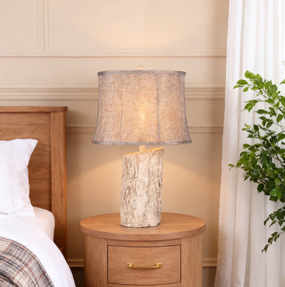 Rustic Table Lamp Bark Texture Resin Base Beige Fabric Shade E26 Bedside Living Room White 26.38 Inch