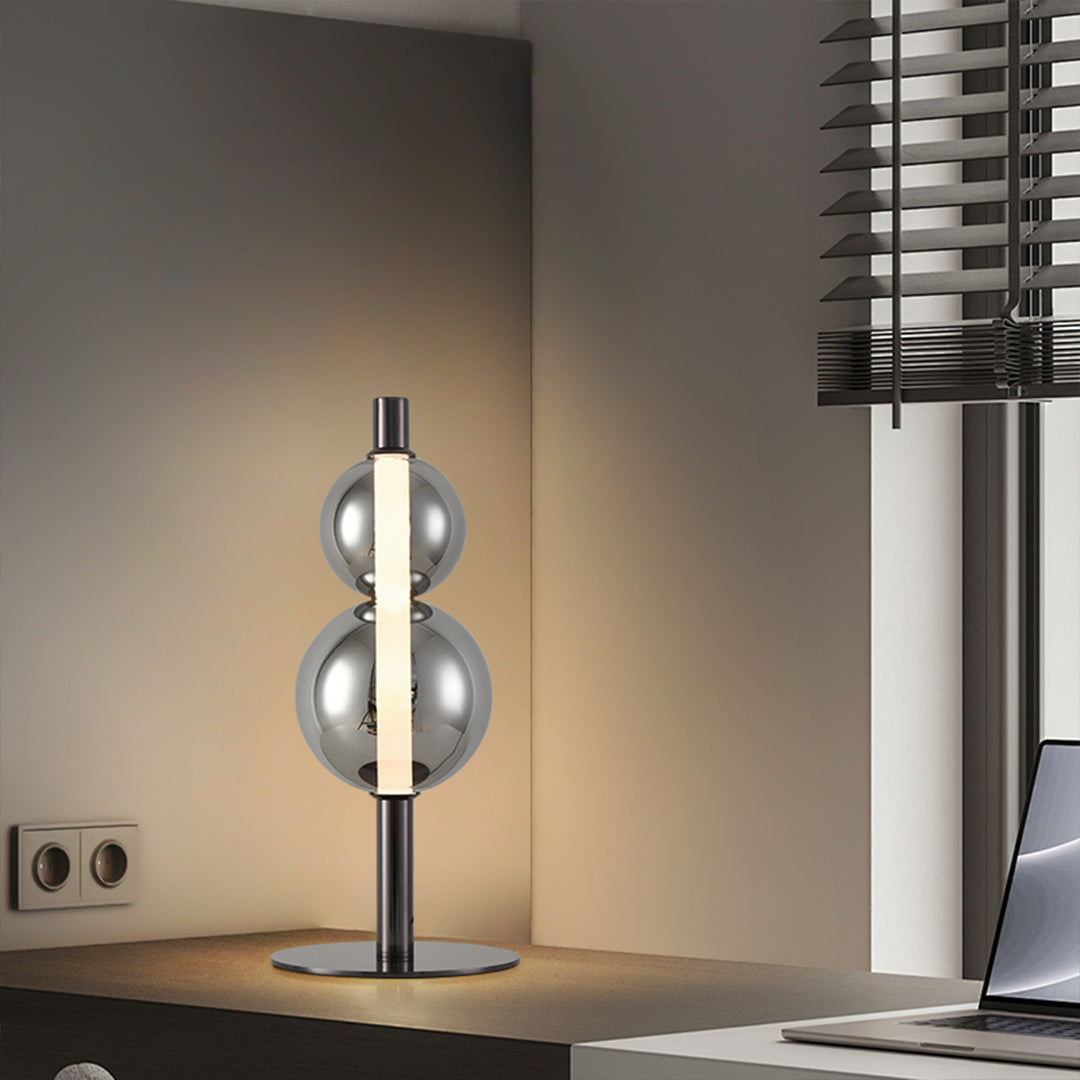 Sculptural Double Globe Table Lamp Pearl Black Iron Smoked Glass Full Spectrum Tri-Color LED Eye Care 8W 21.65 Inch