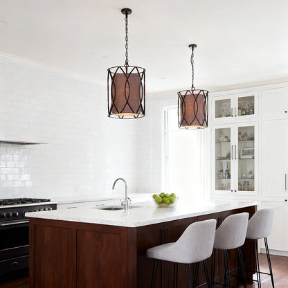 Black Industrial Pendant Light Caged Cast Iron Linen Fabric Shade E12 Kitchen Island Dining Room 14 Inch