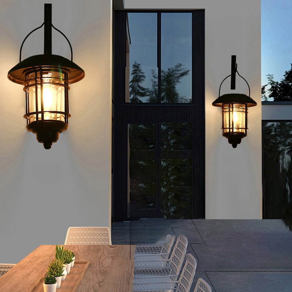Industrial Solar Outdoor Wall Lantern Cage Glass Aluminum LED 3000K