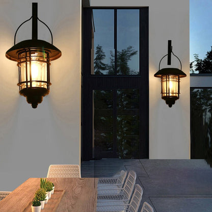 Industrial Solar Outdoor Wall Lantern Cage Glass Aluminum LED 3000K