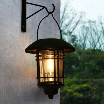 Industrial Solar Outdoor Wall Lantern Cage Glass Aluminum LED 3000K