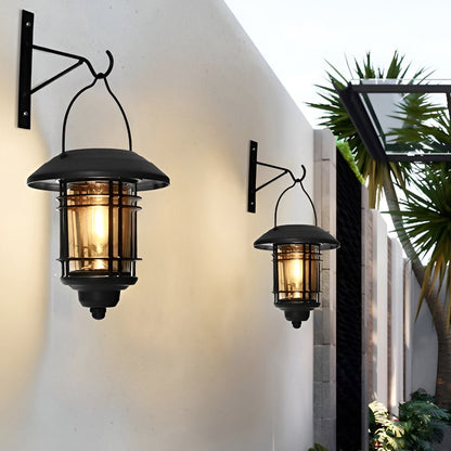 Industrial Solar Outdoor Wall Lantern Cage Glass Aluminum LED 3000K