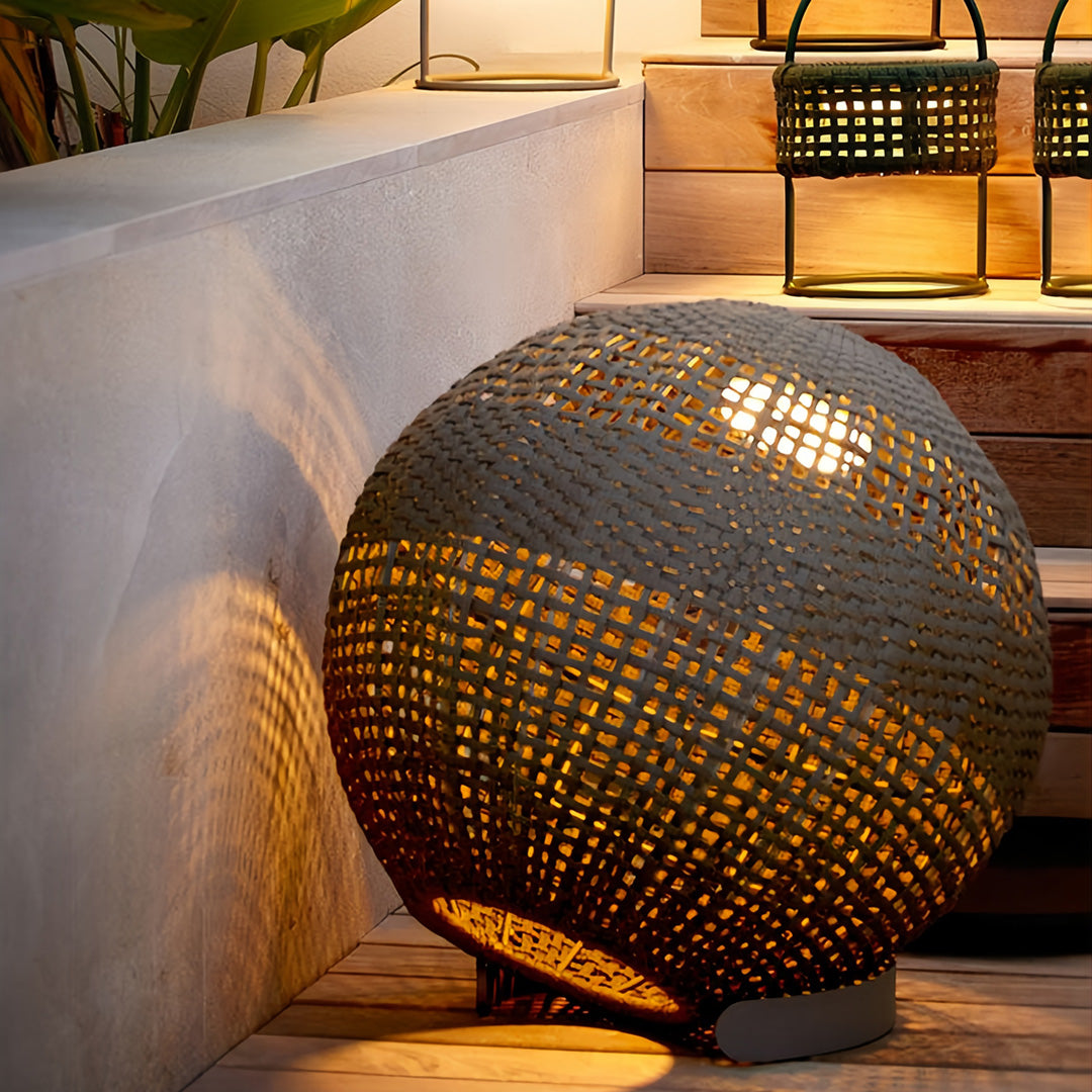 Woven Grass Vine Globe Outdoor Floor Lantern IP65 Solar/Hardwired 3000K Stainless Steel