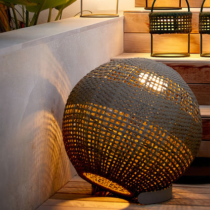 Woven Grass Vine Globe Outdoor Floor Lantern IP65 Solar/Hardwired 3000K Stainless Steel