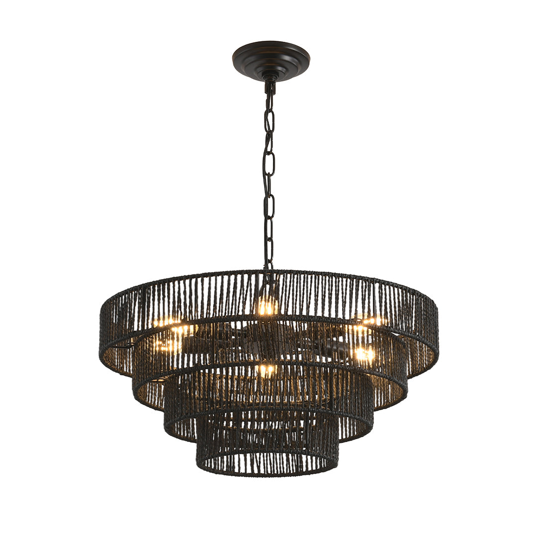 Wabi-Sabi Chandelier Hand-Wrapped Jute Rope Iron Frame Japandi Dining Room Living Room