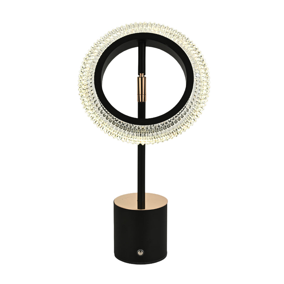 Circular Ring LED Table Lamp Iron Base Gold Accent Crystal Acrylic Shade USB Rechargeable Touch Dimmable Black White 11.42 Inch
