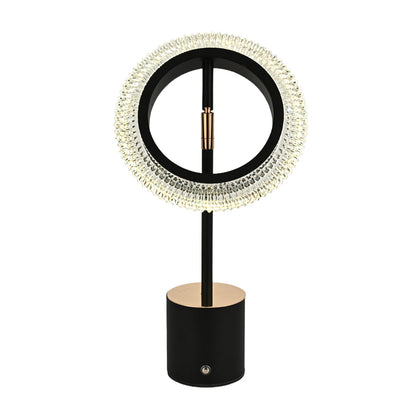 Circular Ring LED Table Lamp Iron Base Gold Accent Crystal Acrylic Shade USB Rechargeable Touch Dimmable Black White 11.42 Inch