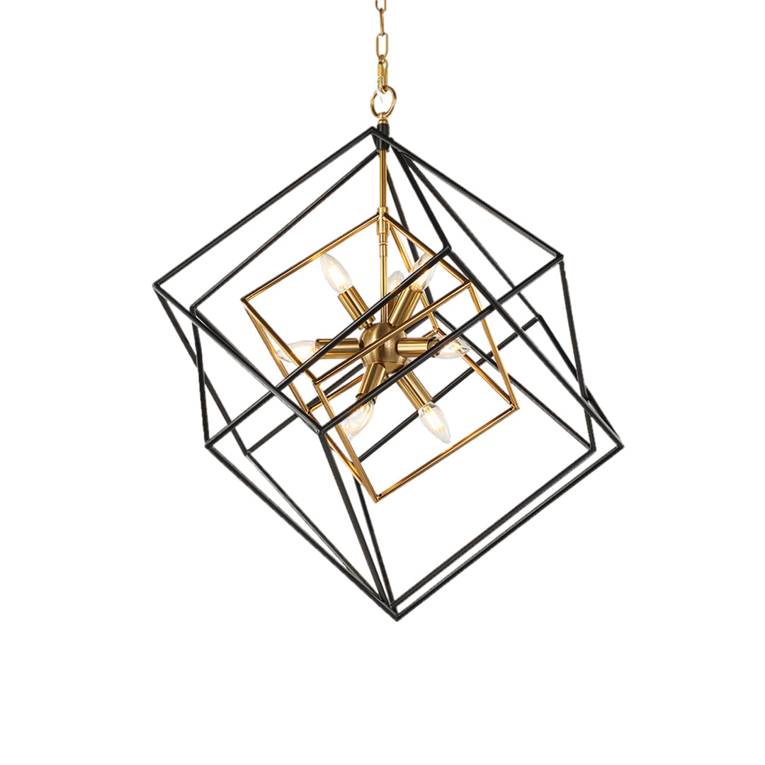 Square Geometric Pendant Light Industrial Black Gold Dual-Color Iron Frame E12 4-Light Dining Room Entryway 26 Inch