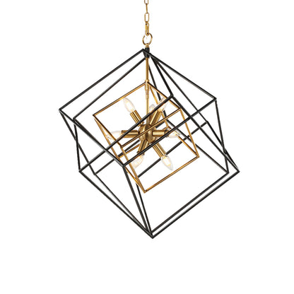 Square Geometric Pendant Light Industrial Black Gold Dual-Color Iron Frame E12 4-Light Dining Room Entryway 26 Inch