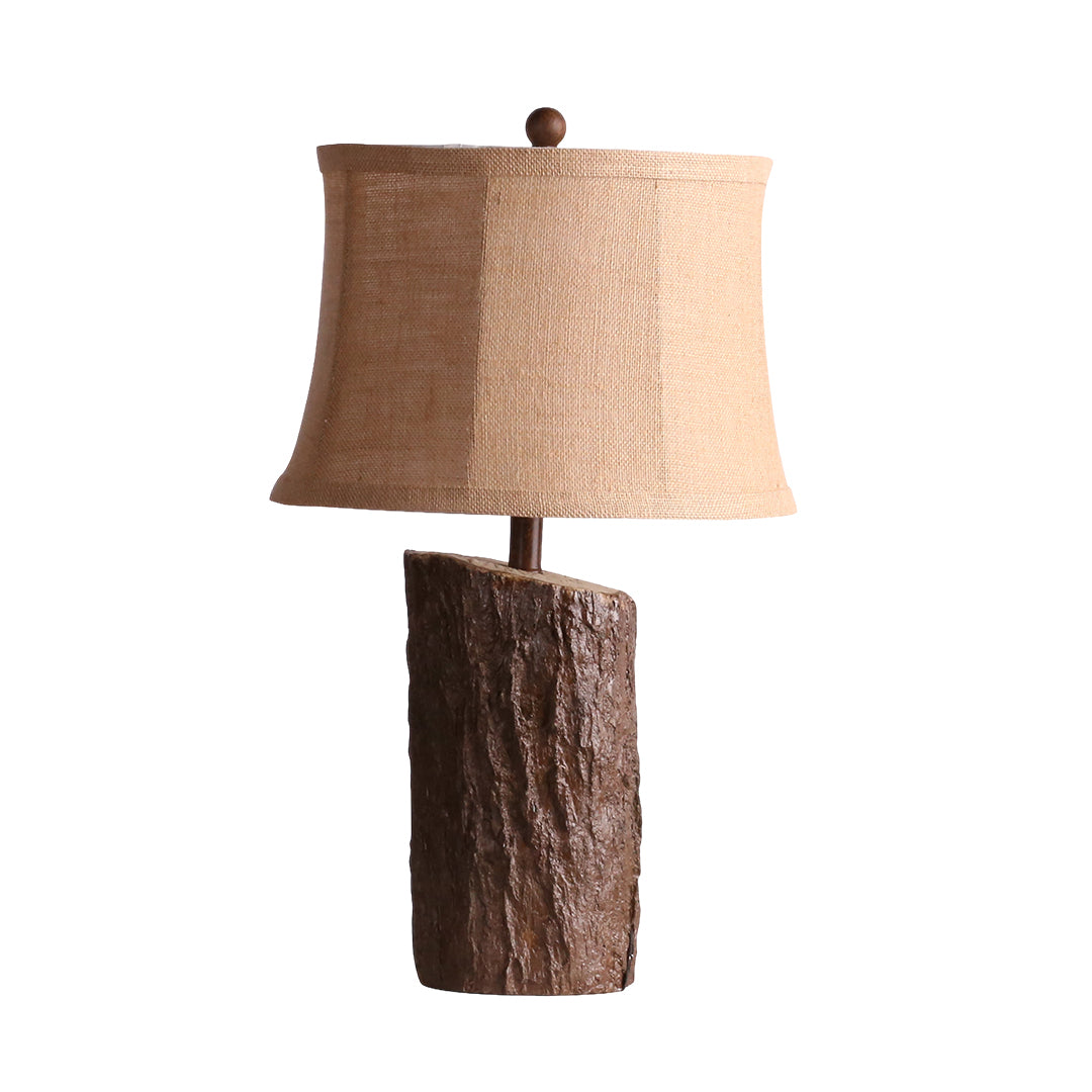 Rustic Faux Wood Table Lamp Dark Brown Bark Texture Beige Fabric Shade E26 Vintage Lodge Bedside 26.38 Inch