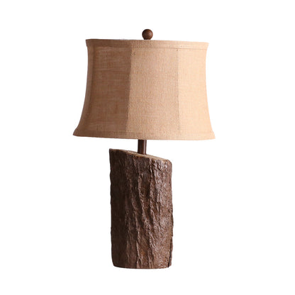 Rustic Faux Wood Table Lamp Dark Brown Bark Texture Beige Fabric Shade E26 Vintage Lodge Bedside 26.38 Inch