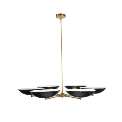 Black and Gold Six-Arm Disc Chandelier with Matte Black Shades and Brushed Gold Frame