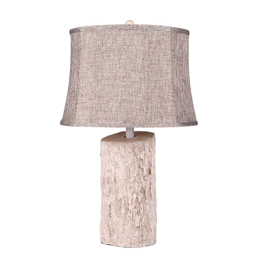 Rustic Table Lamp Bark Texture Resin Base Beige Fabric Shade E26 Bedside Living Room White 26.38 Inch