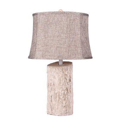 Rustic Table Lamp Bark Texture Resin Base Beige Fabric Shade E26 Bedside Living Room White 26.38 Inch
