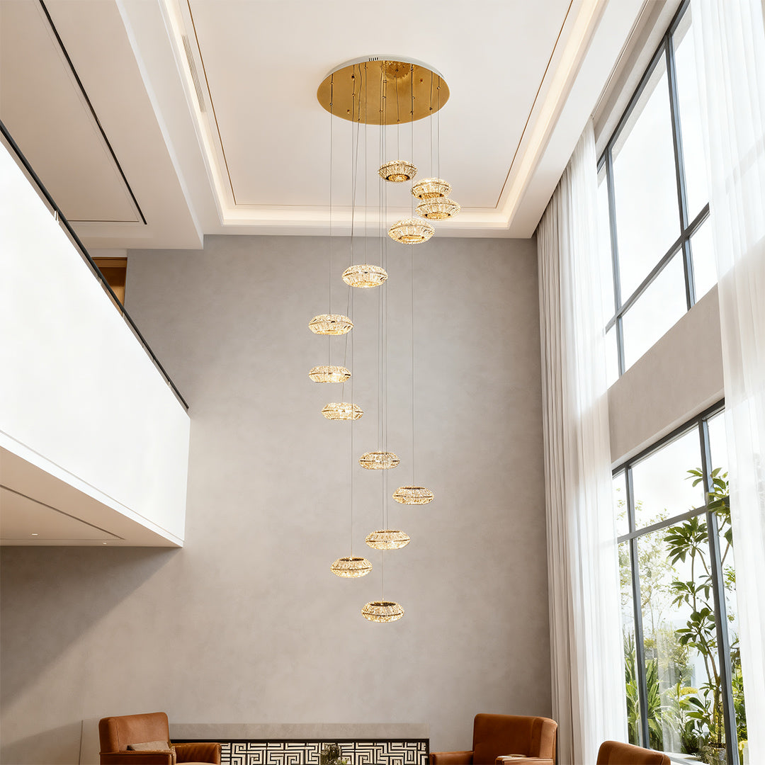Staircase Chandelier Gold Crystal Spiral Ring LED 13-Head 3000K 6000K