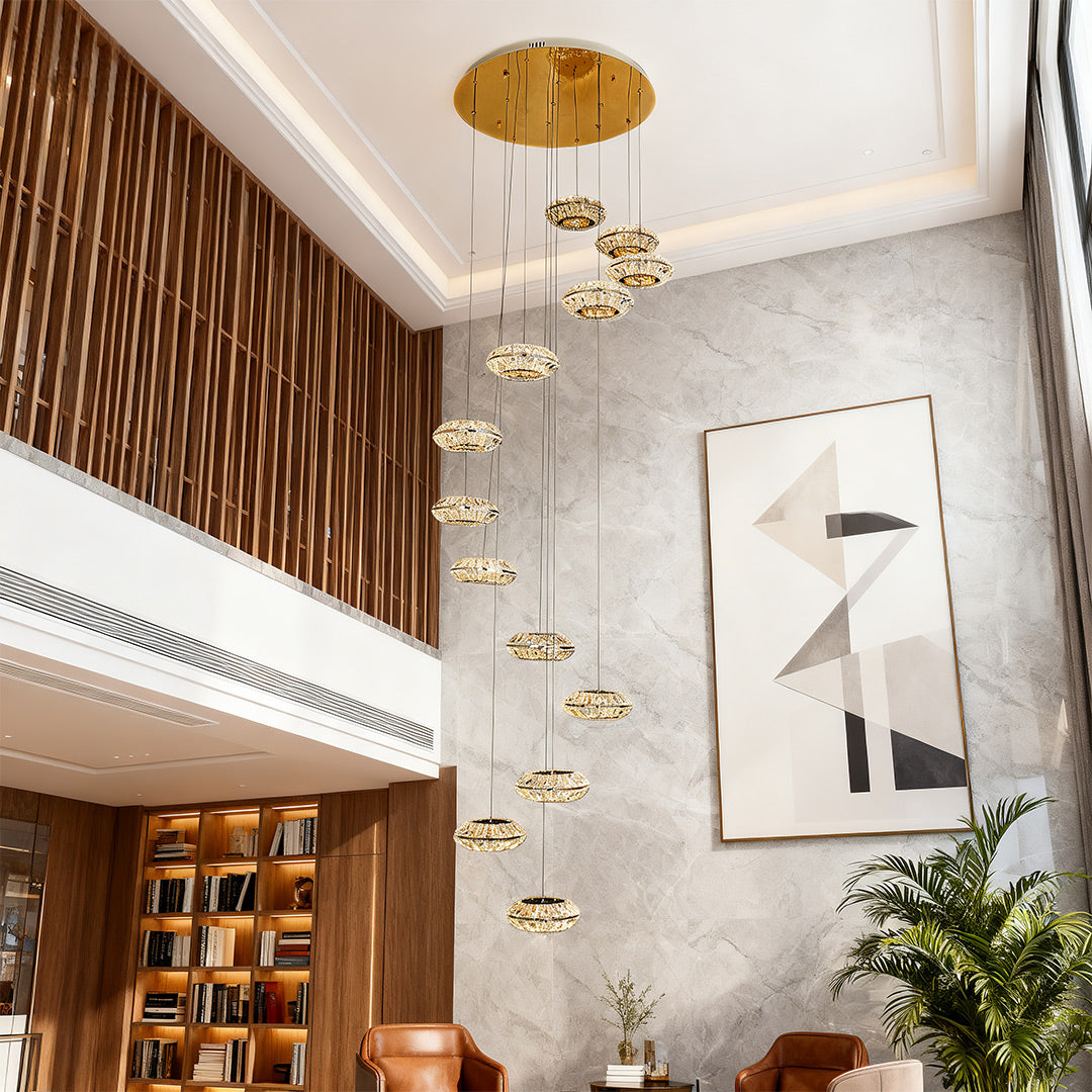 Staircase Chandelier Gold Crystal Spiral Ring LED 13-Head 3000K 6000K