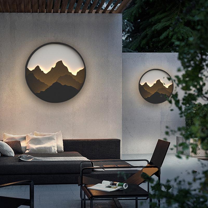 Round Mountain Scenery Decor LED Rustic Outdoor Wall Sconce Stainless Steel Sintered Stone IP54 3200K 3 Sizes Garden Entry