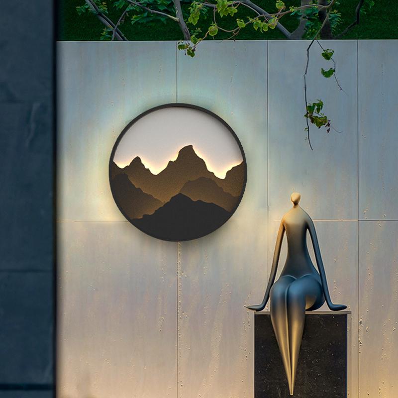 Round Mountain Scenery Decor LED Rustic Outdoor Wall Sconce Stainless Steel Sintered Stone IP54 3200K 3 Sizes Garden Entry