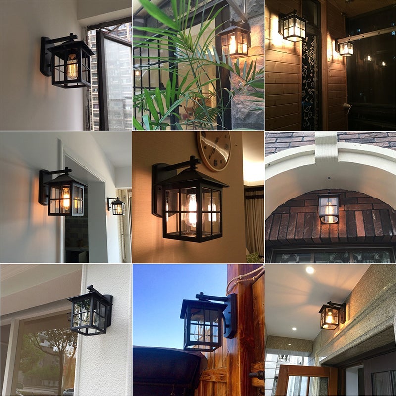 Black Square Glass Lantern Outdoor Wall Sconce Waterproof E27