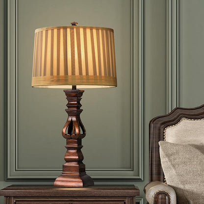 Antique Rustic Tower Resin Table Lamp Striped Linen Drum Shade E26 E27 Two Sizes