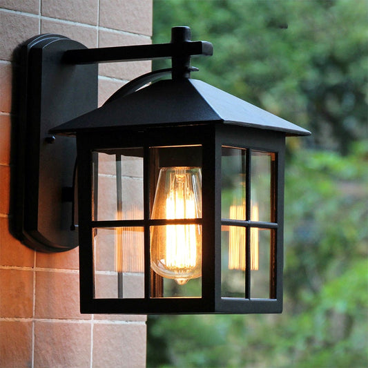 Black Square Glass Lantern Outdoor Wall Sconce Waterproof E27