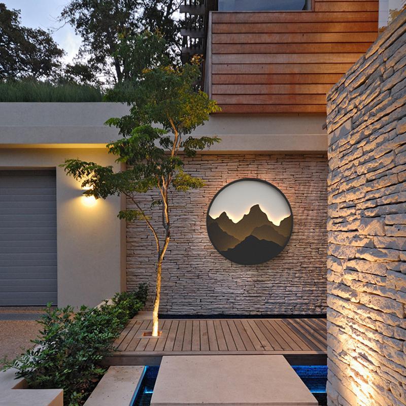 Round Mountain Scenery Decor LED Rustic Outdoor Wall Sconce Stainless Steel Sintered Stone IP54 3200K 3 Sizes Garden Entry