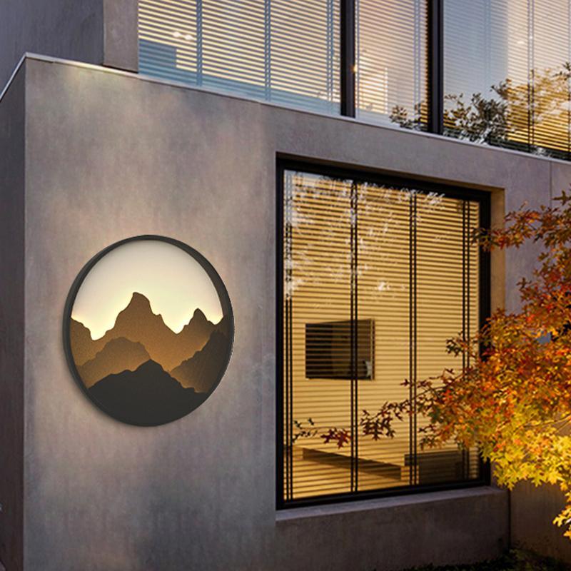 Round Mountain Scenery Decor LED Rustic Outdoor Wall Sconce Stainless Steel Sintered Stone IP54 3200K 3 Sizes Garden Entry