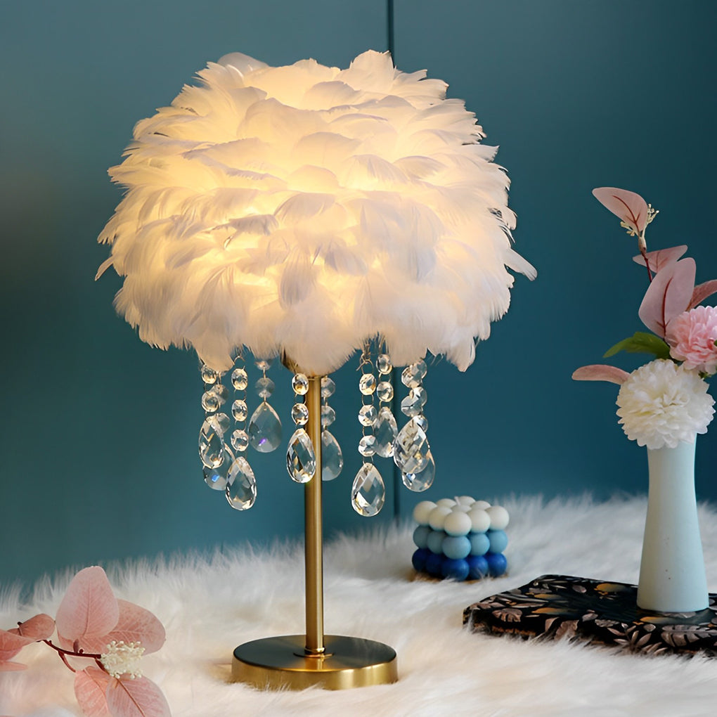 Feather Crystal Tassel Table Lamp Brushed Brass E27 White Pink Gray Two Sizes