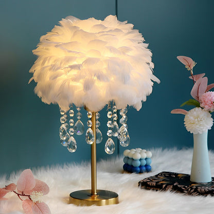 Feather Crystal Tassel Table Lamp Brushed Brass E27 White Pink Gray Two Sizes